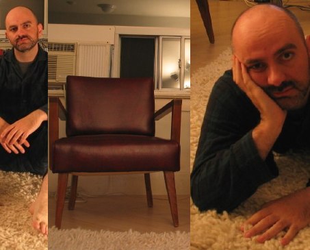 Me sitting on rug, me in one of two Modernist chairs, me lying prostrate on rug